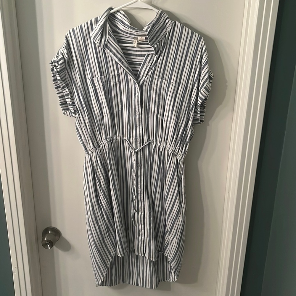 Blue and white striped button down dress